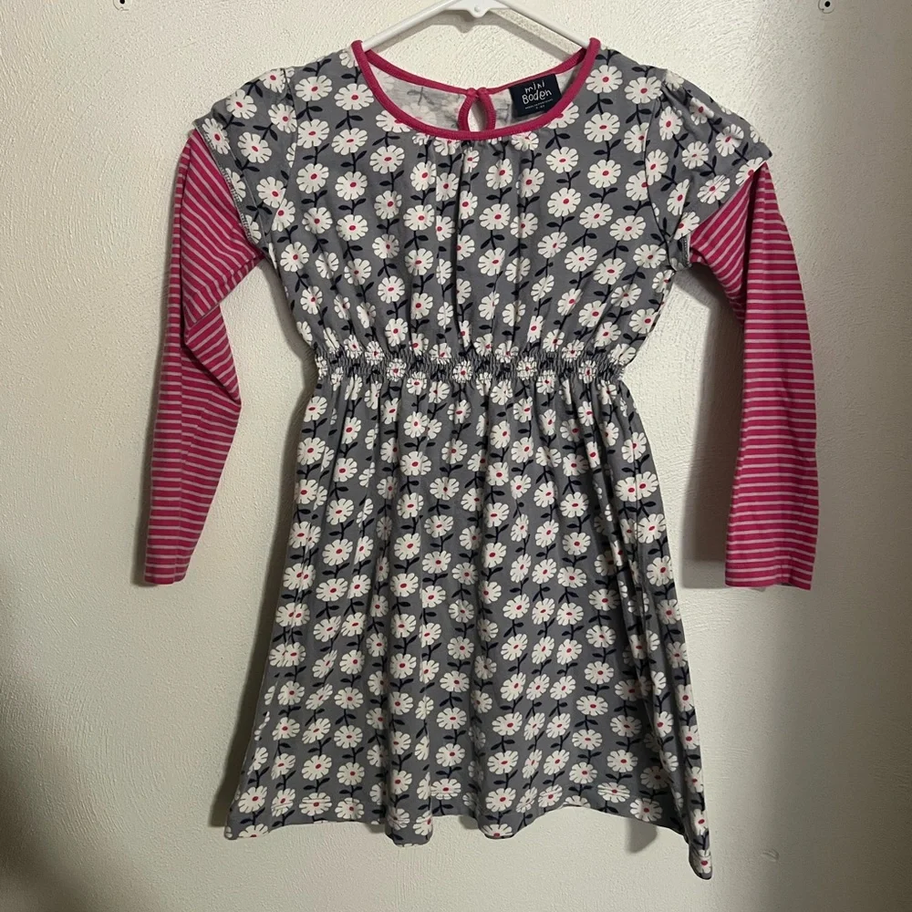MINI BODEN Classic‎ Floral and Striped Casual Dress Grey Pink White Girl's Sz 7